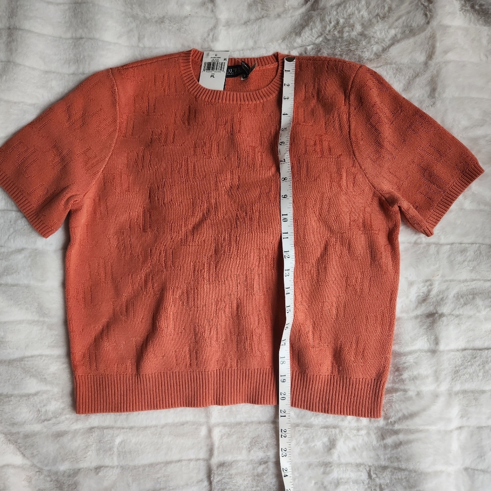 Ralph Lauren Sweater monogram jacquard Sweater short sleeves orange sz petite L - Picture 4 of 8